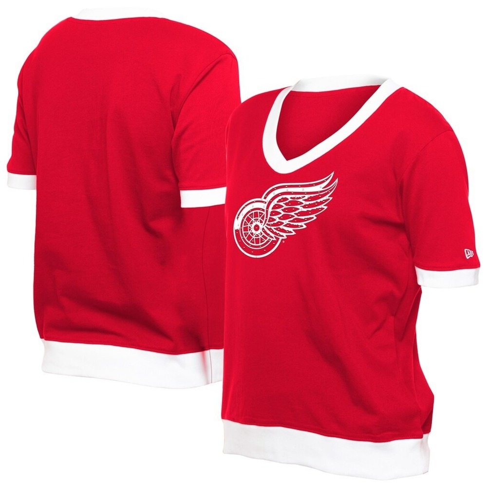 New Era Detroit Red Wings Women's XL Red V-Neck Rhinestone Logo T-Shirt NHL NEW‎
